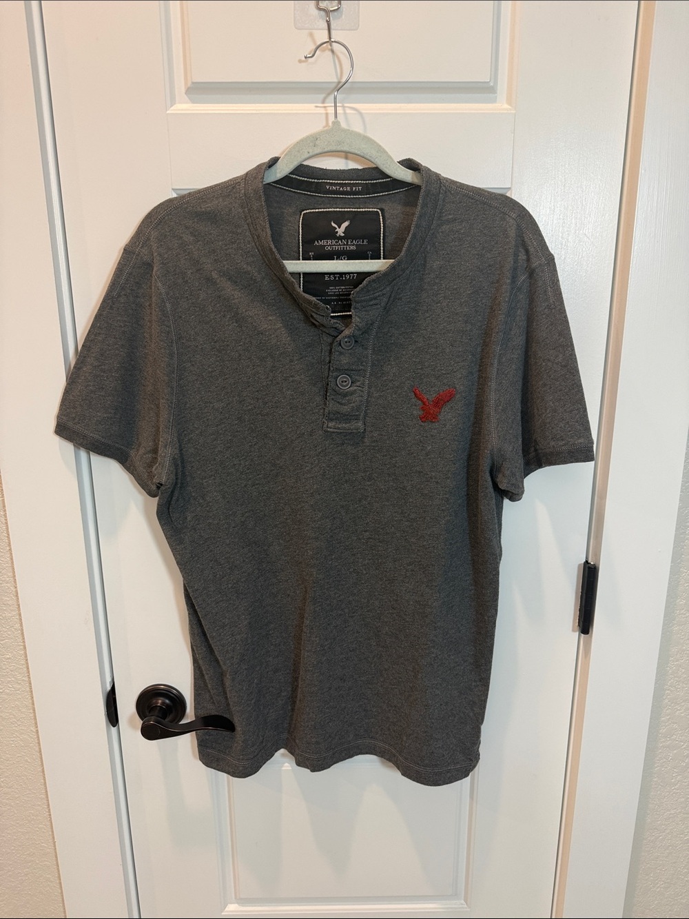 American Eagle Outfitters Gray Short-Sleeve Henley with Red Eagle Logo